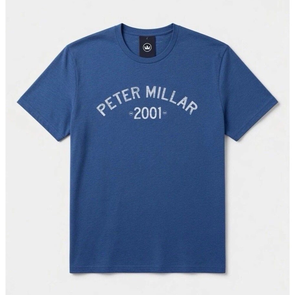 NWT PETER MILLAR Mens X-Large 2001 Tee Logo Nautilus Blue T-Shirt Cotton Blend